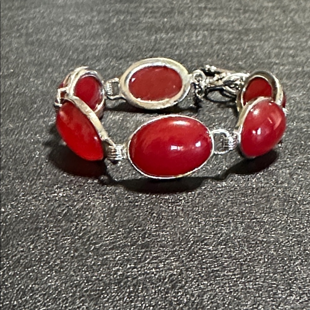 Oval Cabochon Red Cornelian Link Bracelet Toggle Clasp